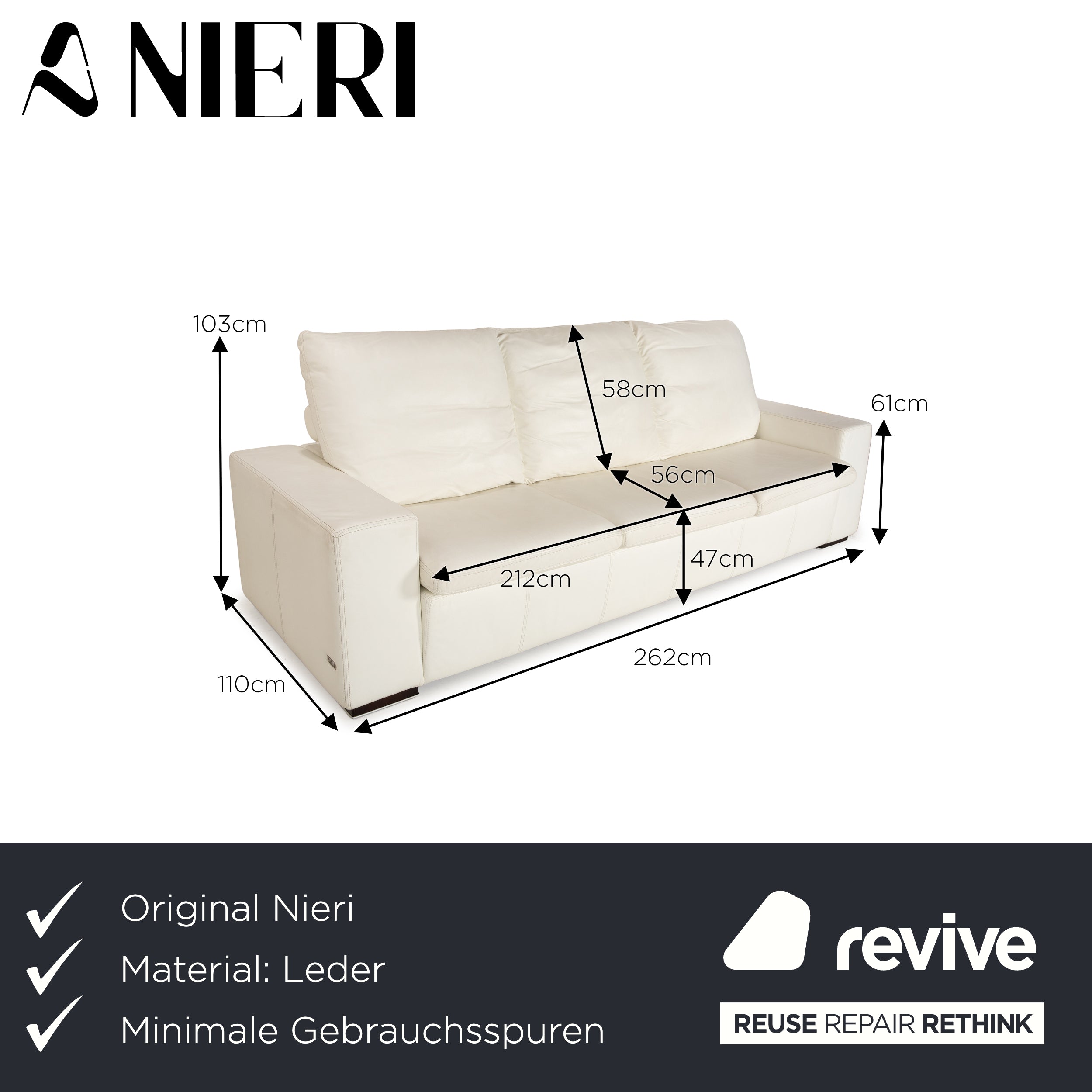 Nieri Leder Dreisitzer Creme Weiß Sofa Couch