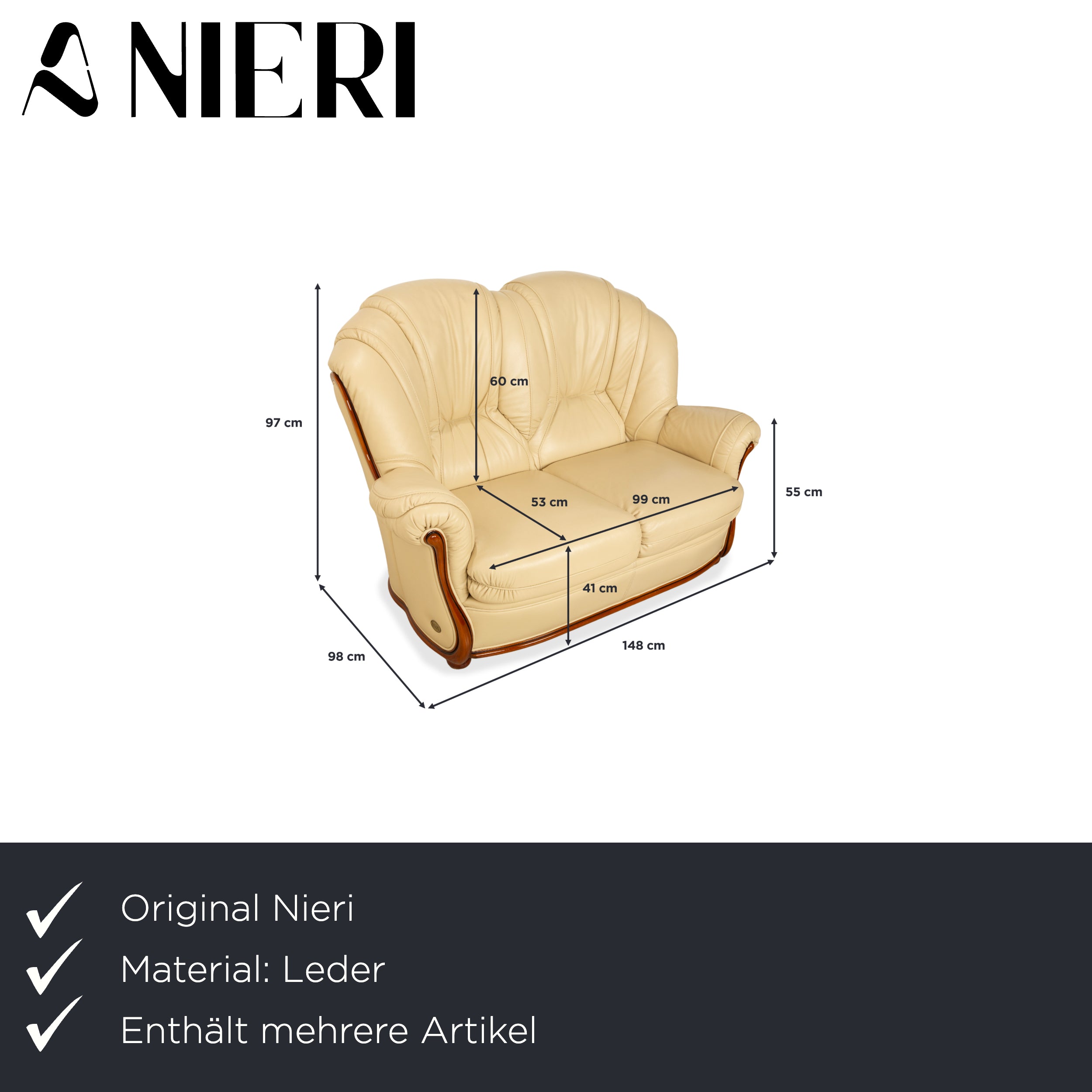 Nieri Leather Wood Three-Seater Two-Seater Cream Brown Sofa Couch