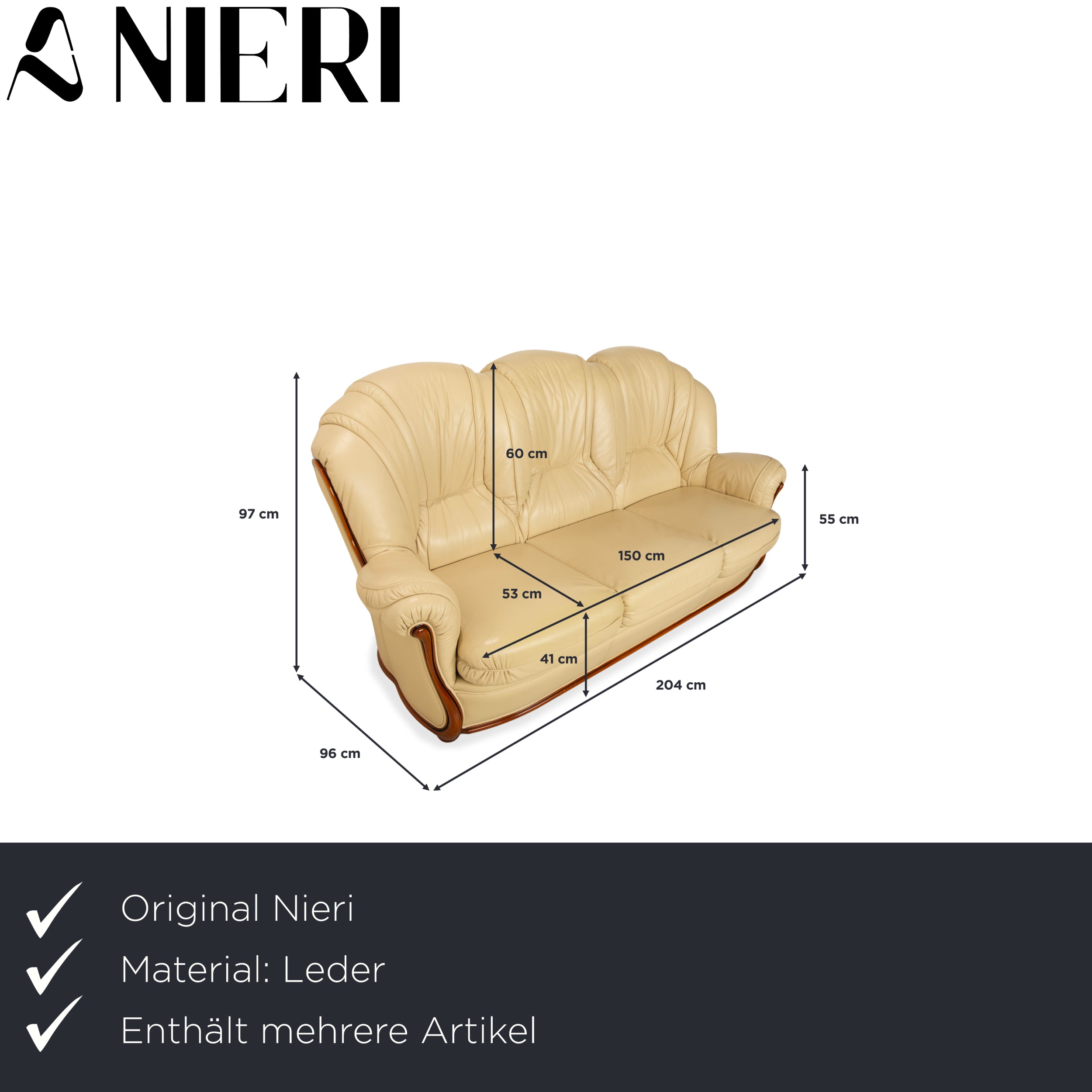 Nieri Leather Wood Three-Seater Two-Seater Cream Brown Sofa Couch