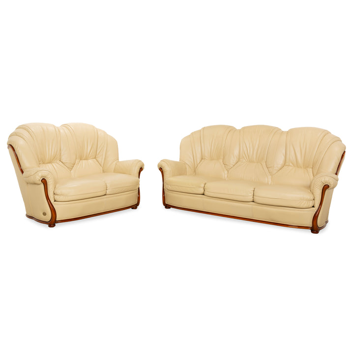 Nieri Leder Holz Dreisitzer Zweisitzer Creme Braun Sofa Couch