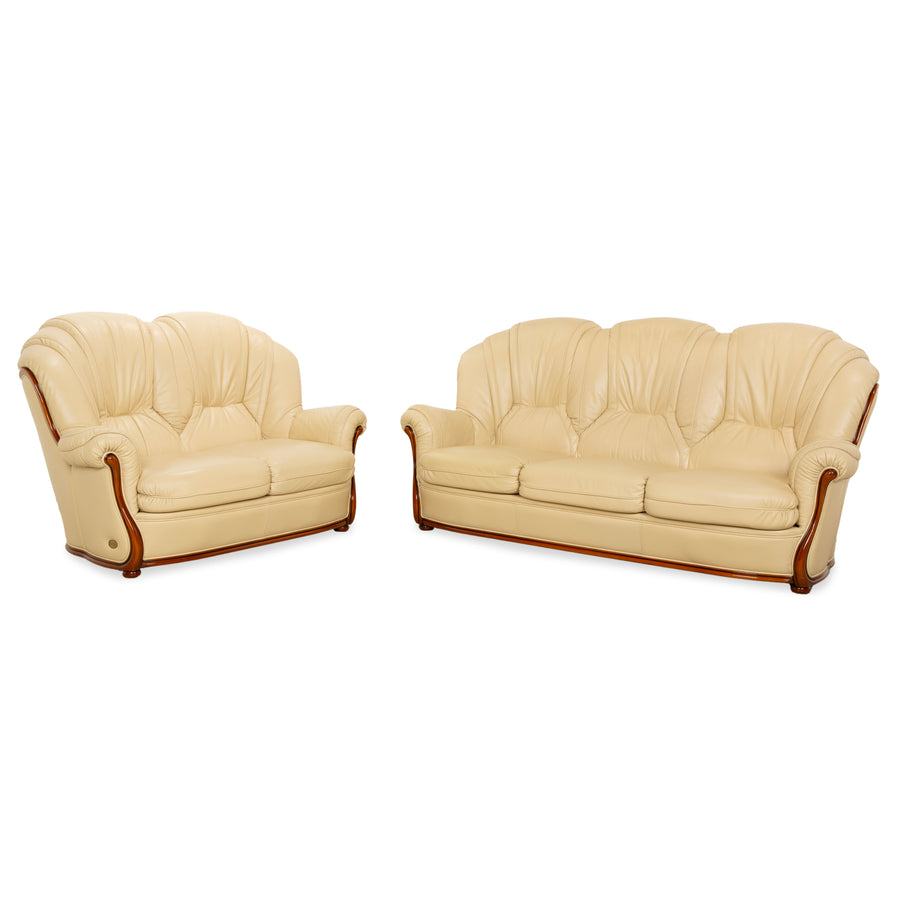 Nieri Leder Holz Dreisitzer Zweisitzer Creme Braun Sofa Couch