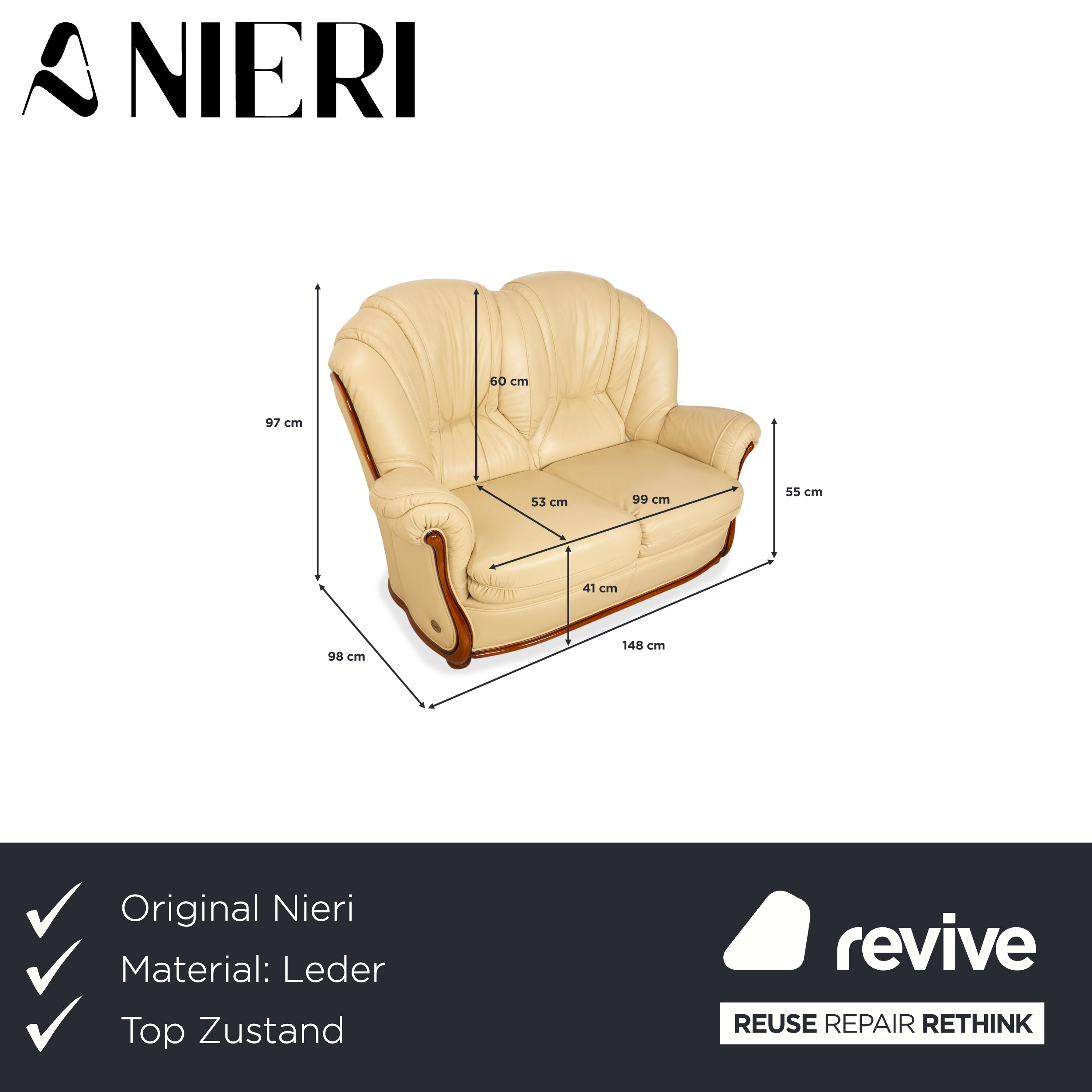 Nieri Leder Holz Zweisitzer Creme Braun Sofa Couch