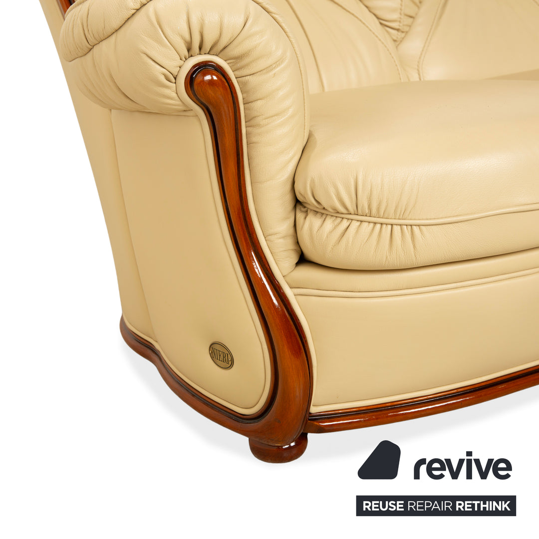 Nieri Leather Wood Two-Seater Cream Brown Sofa Couch