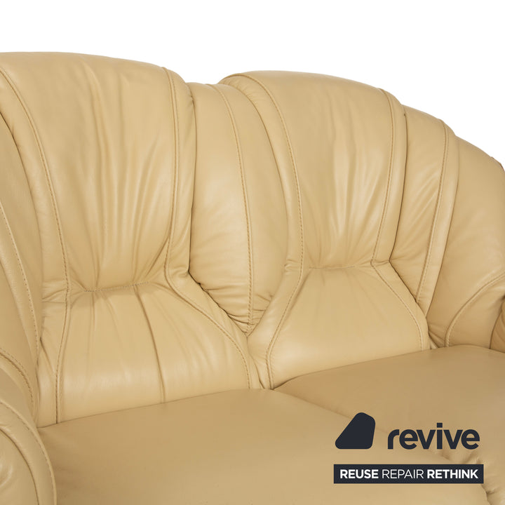 Nieri Leather Wood Two-Seater Cream Brown Sofa Couch