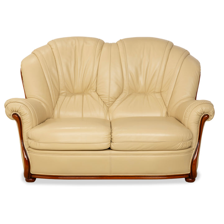 Nieri Leather Wood Two-Seater Cream Brown Sofa Couch