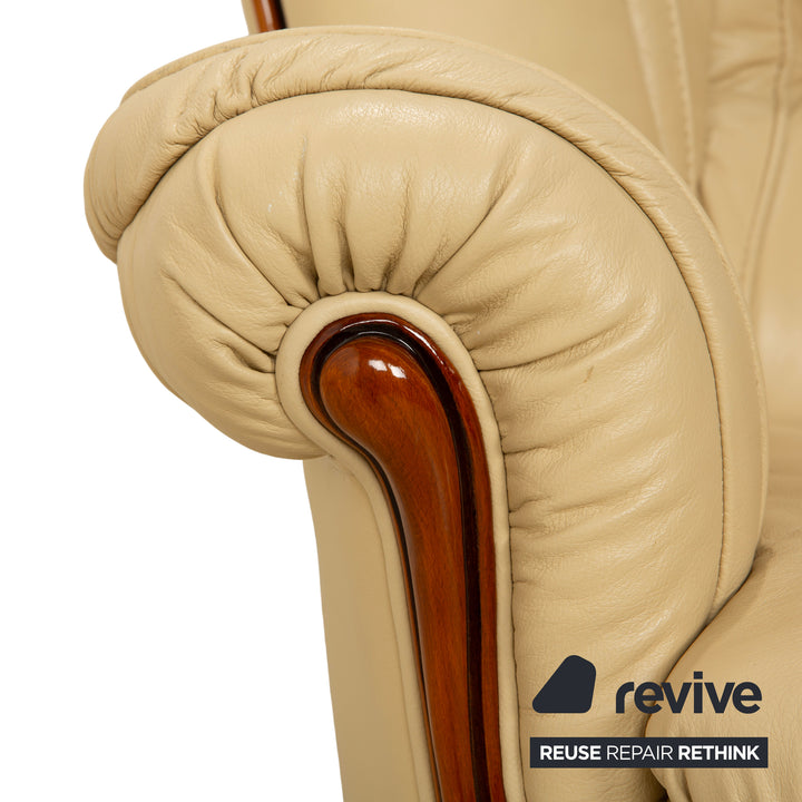 Nieri Leather Wood Two-Seater Cream Brown Sofa Couch