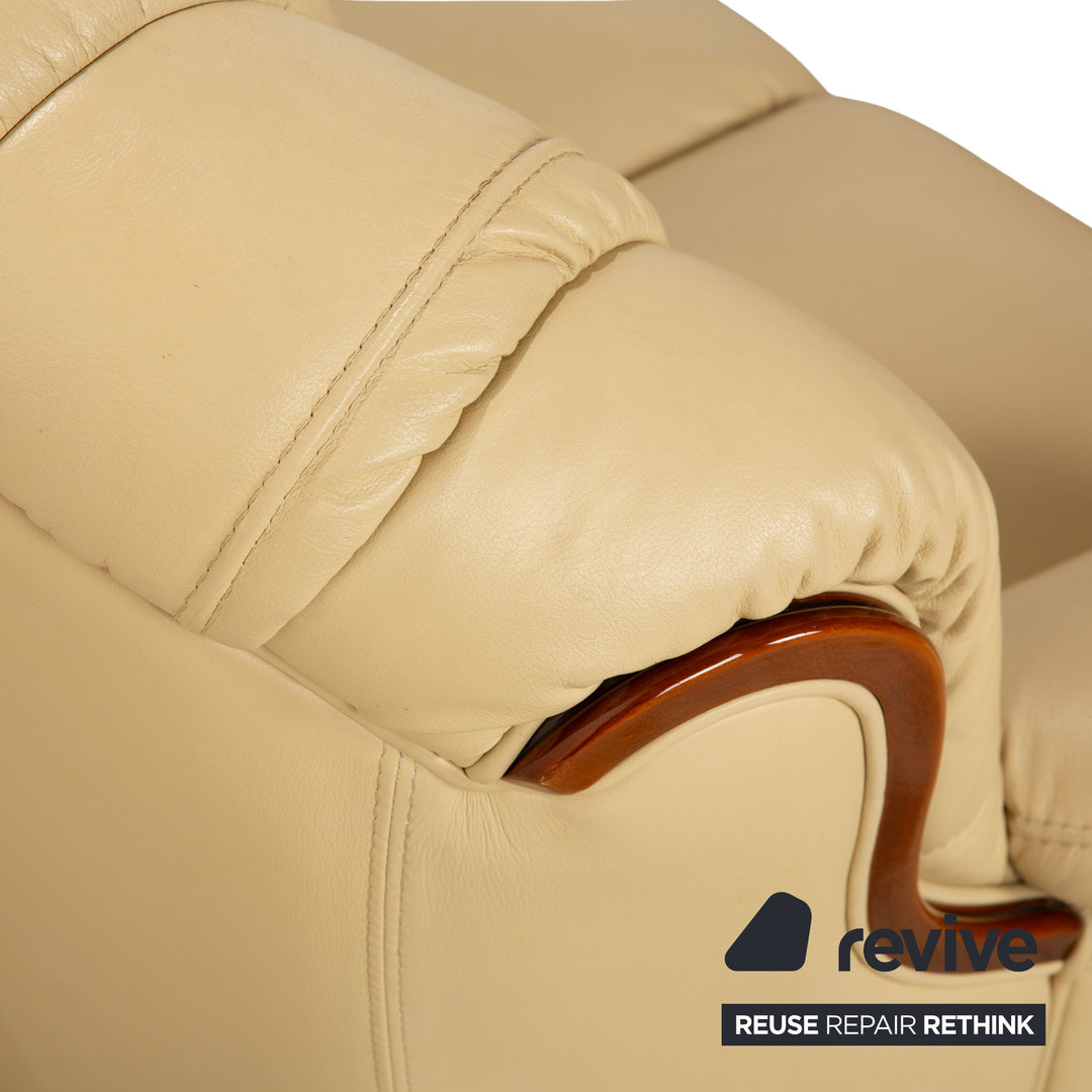 Nieri Leather Wood Two-Seater Cream Brown Sofa Couch