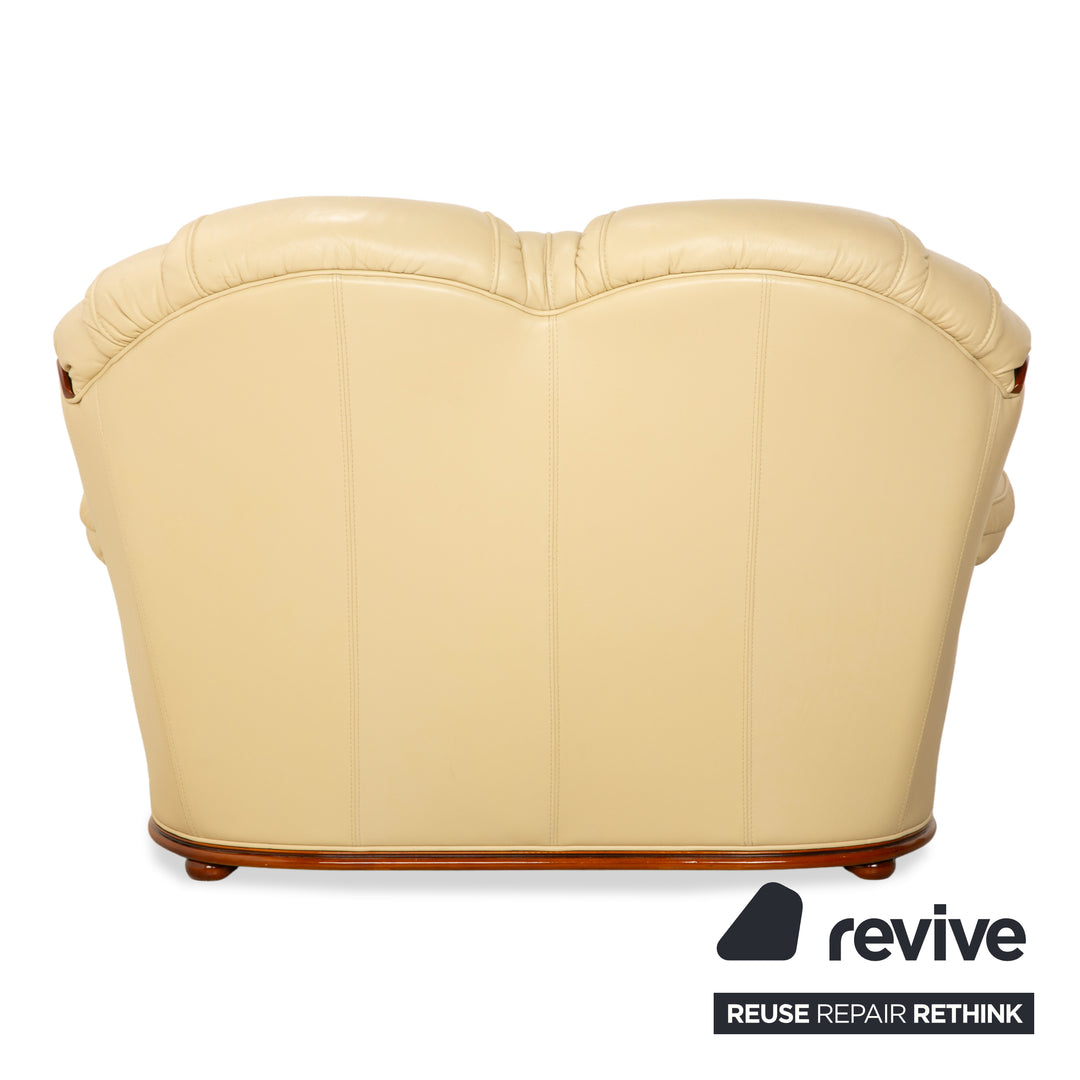 Nieri Leather Wood Two-Seater Cream Brown Sofa Couch