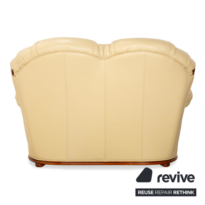 Nieri Leather Wood Two-Seater Cream Brown Sofa Couch