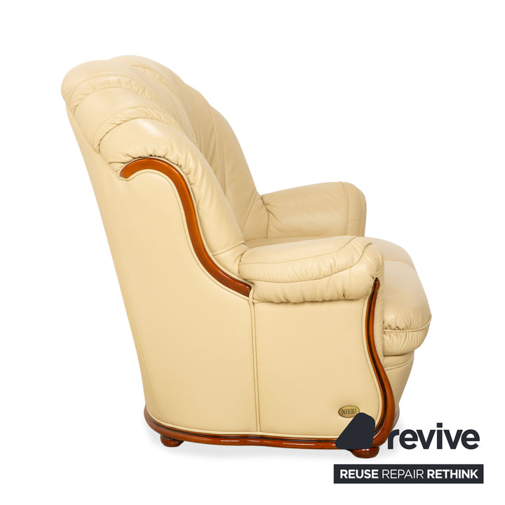 Nieri Leather Wood Two-Seater Cream Brown Sofa Couch