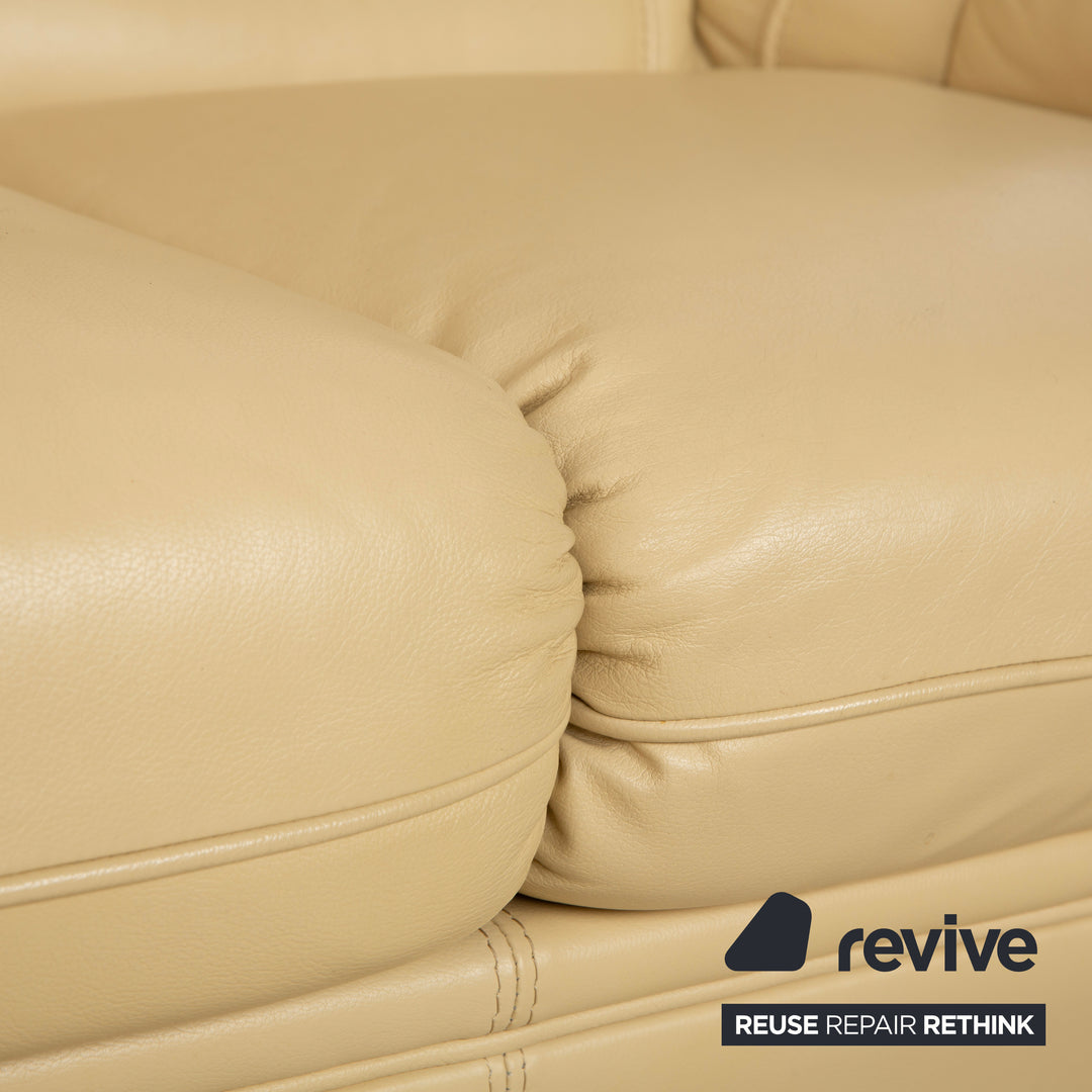 Nieri Leather Wood Two-Seater Cream Brown Sofa Couch