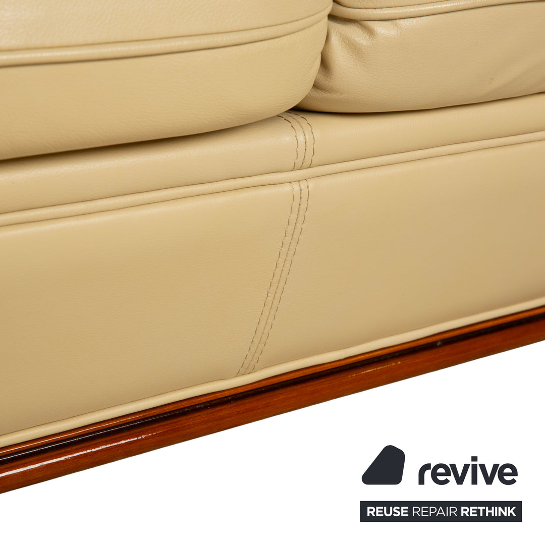 Nieri Leather Wood Two-Seater Cream Brown Sofa Couch