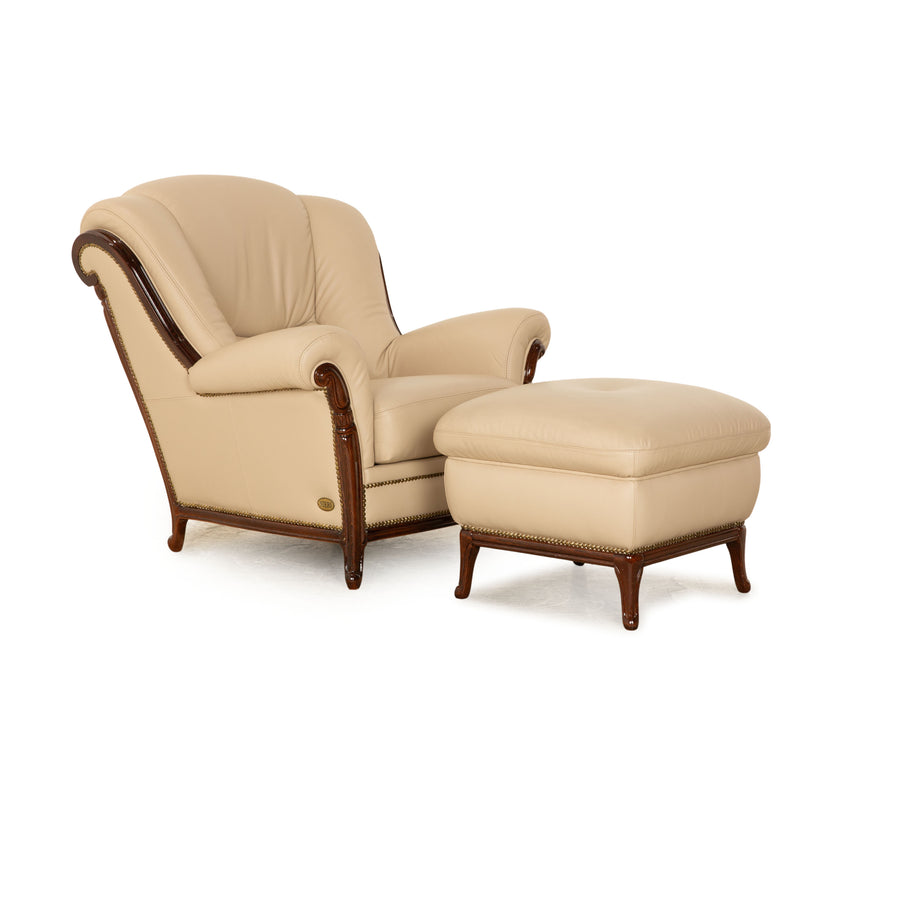 Nieri Victoria Leder Sessel Garnitur Beige Hocker