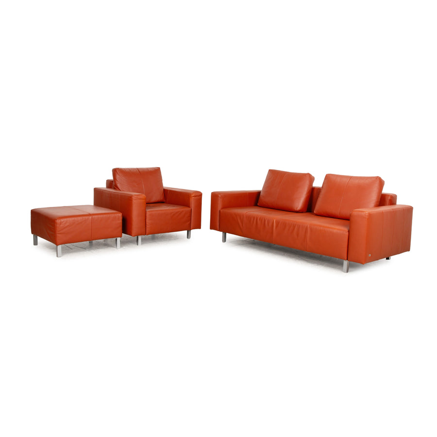 Now by Hülsta Leder Sofa Garnitur Orange Zweisitzer Sessel Hocker Couch