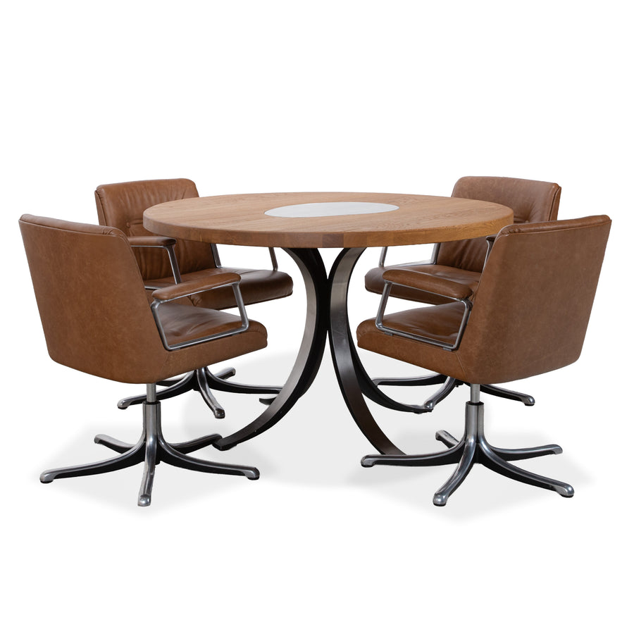 Osvaldo Borsani T69 Holz Tisch 4er Stuhl Braun Cognac Chrom 120 x 76 cm drehbar