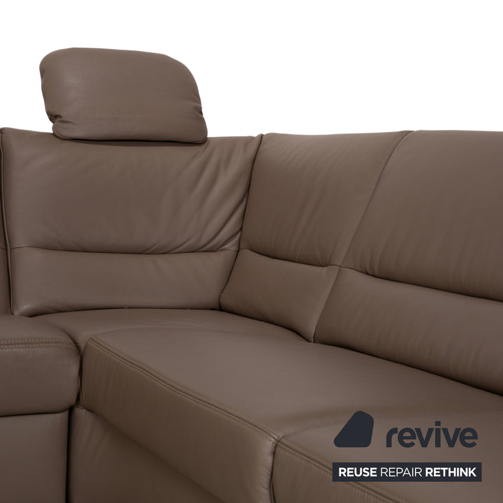 Polinova Leather Corner Sofa Grey Brown Grey Taupe Couch Electric Function Chaise Longue Right incl. Headrests