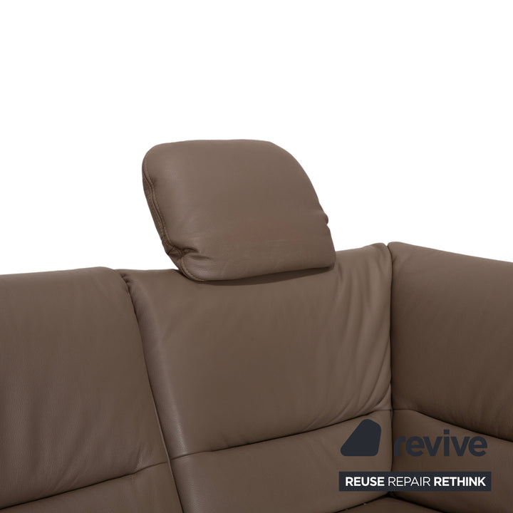 Polinova Leather Corner Sofa Grey Brown Grey Taupe Couch Electric Function Chaise Longue Right incl. Headrests