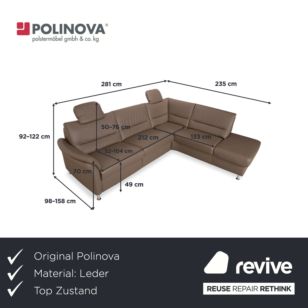 Polinova Leather Corner Sofa Grey Brown Grey Taupe Couch Electric Function Chaise Longue Right incl. Headrests