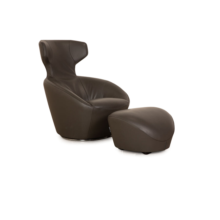 Roche Bobois Edito Lounge Leather Armchair incl. Stool Gray