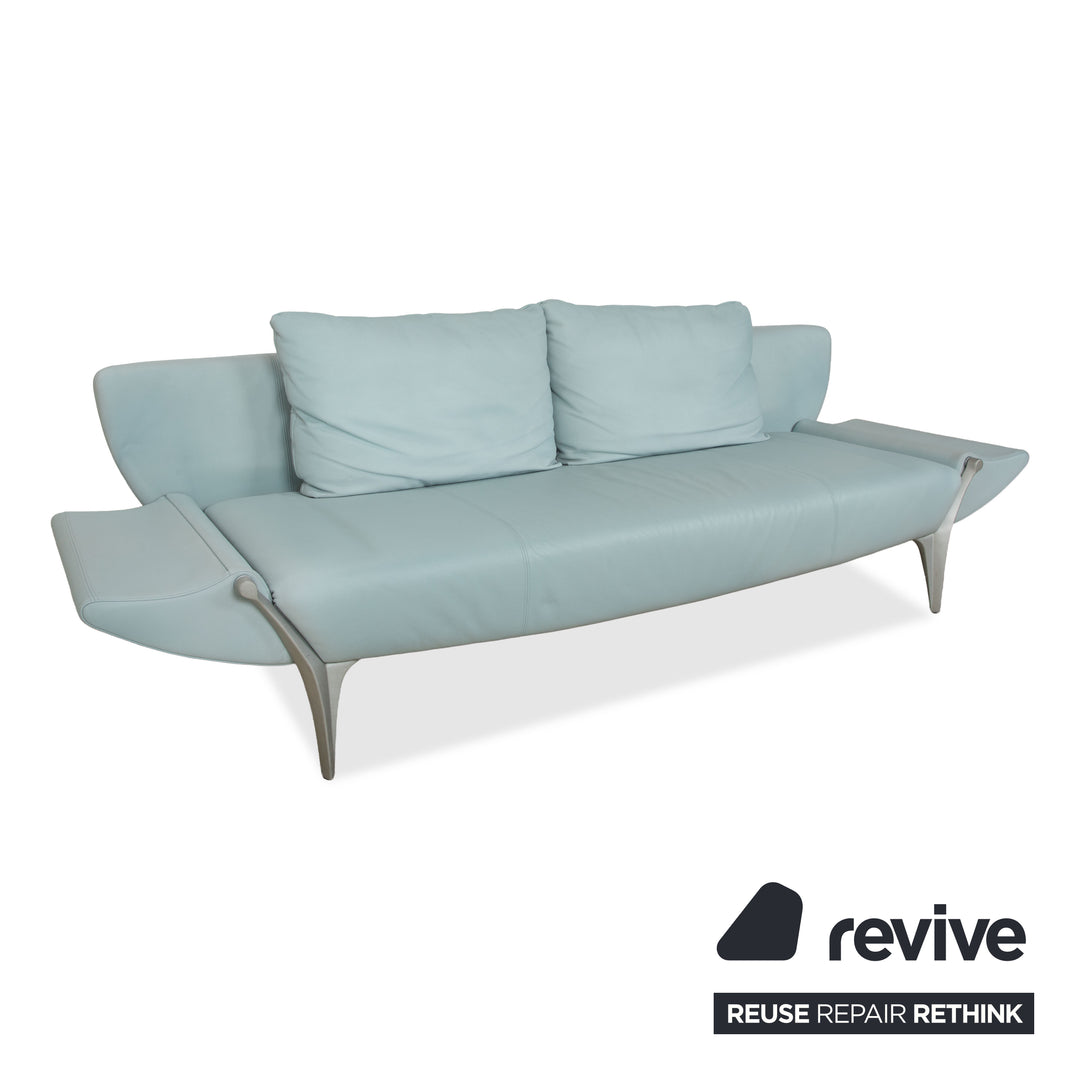 Canapé trois places en cuir Rolf Benz 1600 bleu clair Aqua, fonction manuelle