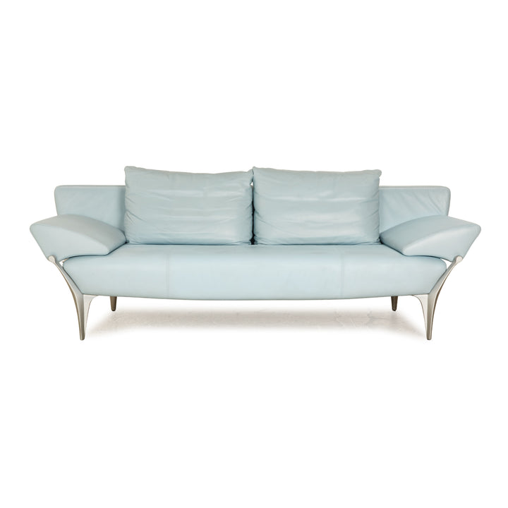 Rolf Benz 1600 Leather Three Seater Light Blue Manual Function Sofa Couch