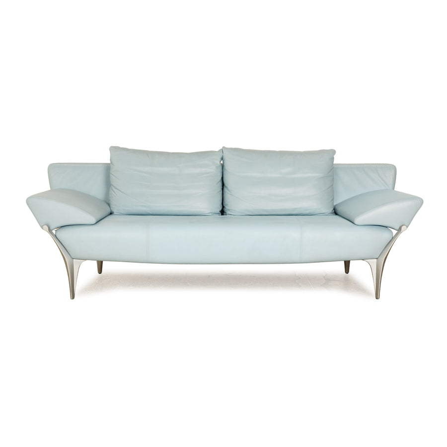 Rolf Benz 1600 Leather Three Seater Light Blue Manual Function Sofa Couch