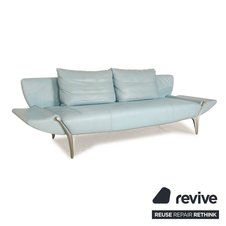 Rolf Benz 1600 Leather Three Seater Light Blue Manual Function Sofa Couch