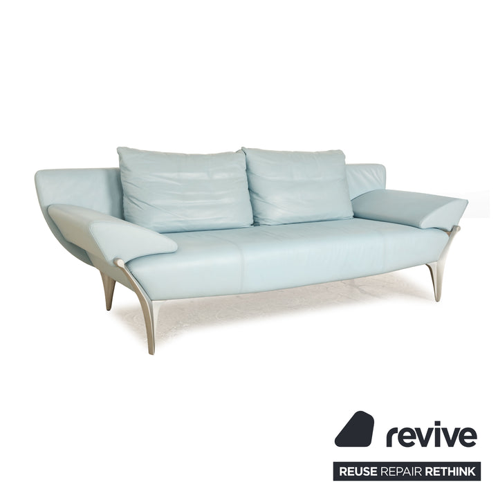 Rolf Benz 1600 Leather Three Seater Light Blue Manual Function Sofa Couch