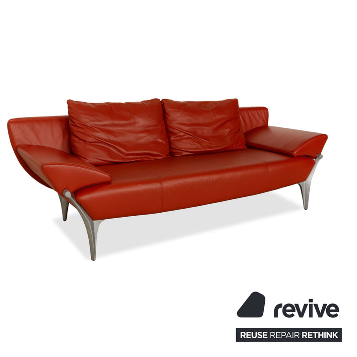 Rolf Benz 1600 Leather Three-Seater Red Orange Manual Function Sofa Couch
