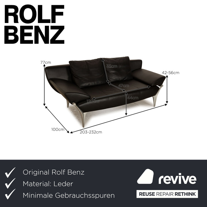 Rolf Benz 1600 Leather Three Seater Black Manual Function Sofa Couch