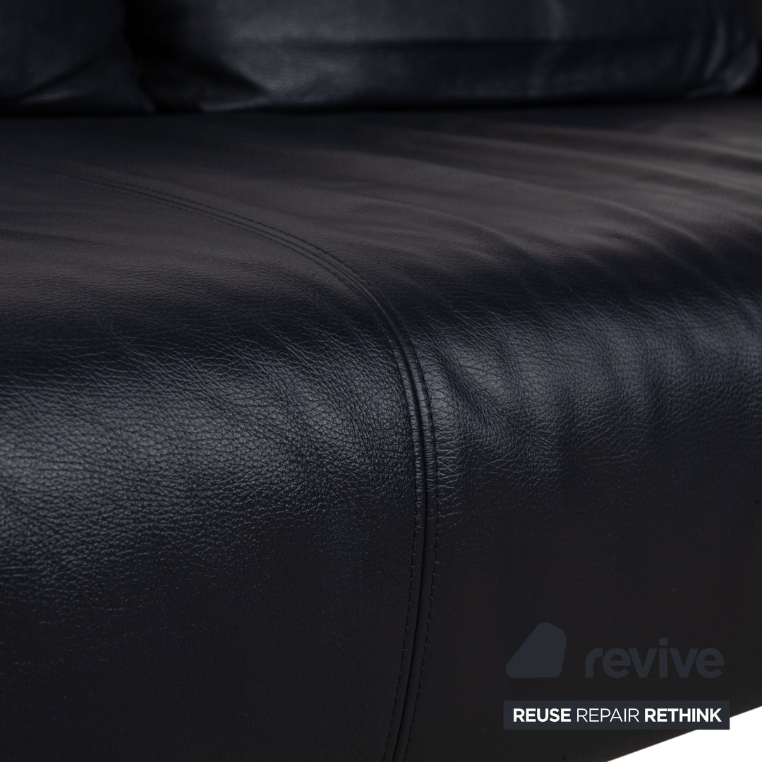 Rolf Benz 1600 Leather Sofa Dark Blue Three-Seater Couch Manual Function