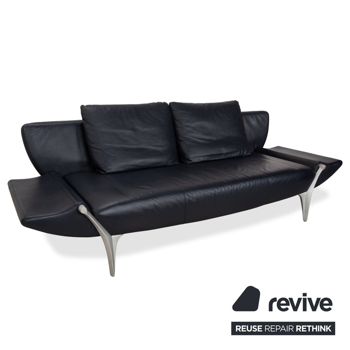 Rolf Benz 1600 Leather Sofa Dark Blue Three-Seater Couch Manual Function