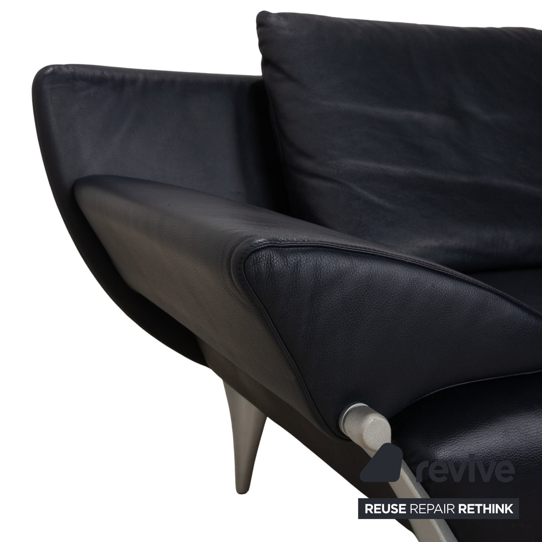 Rolf Benz 1600 Leather Sofa Dark Blue Three-Seater Couch Manual Function