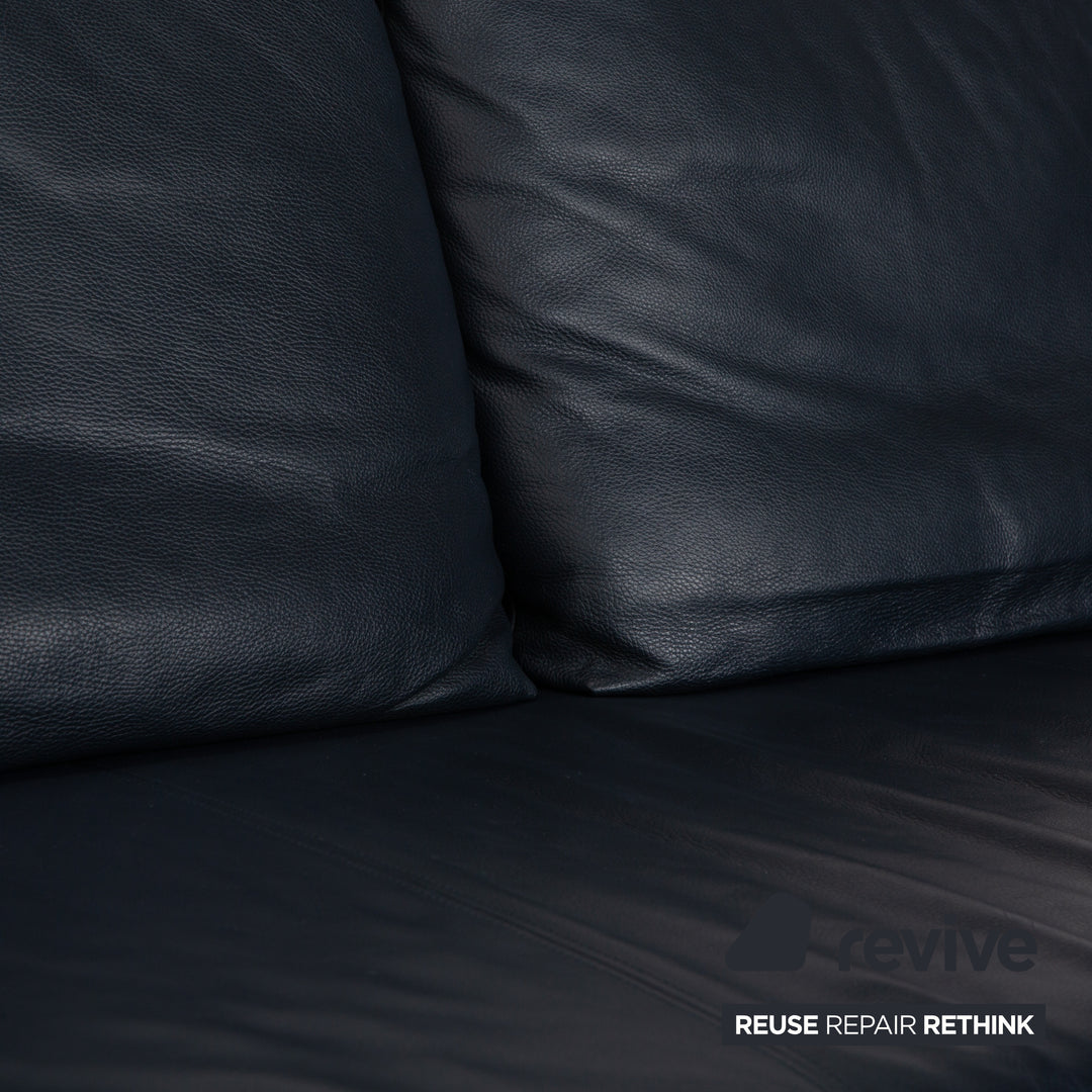Rolf Benz 1600 Leather Sofa Dark Blue Three-Seater Couch Manual Function