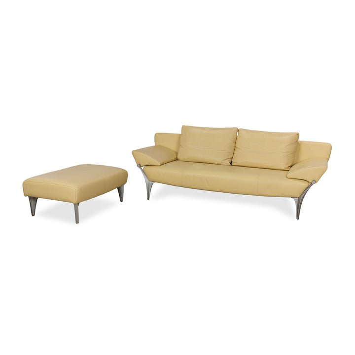 Rolf Benz 1600 Leather Sofa Set Yellow Two-Seater Stool Function Couch