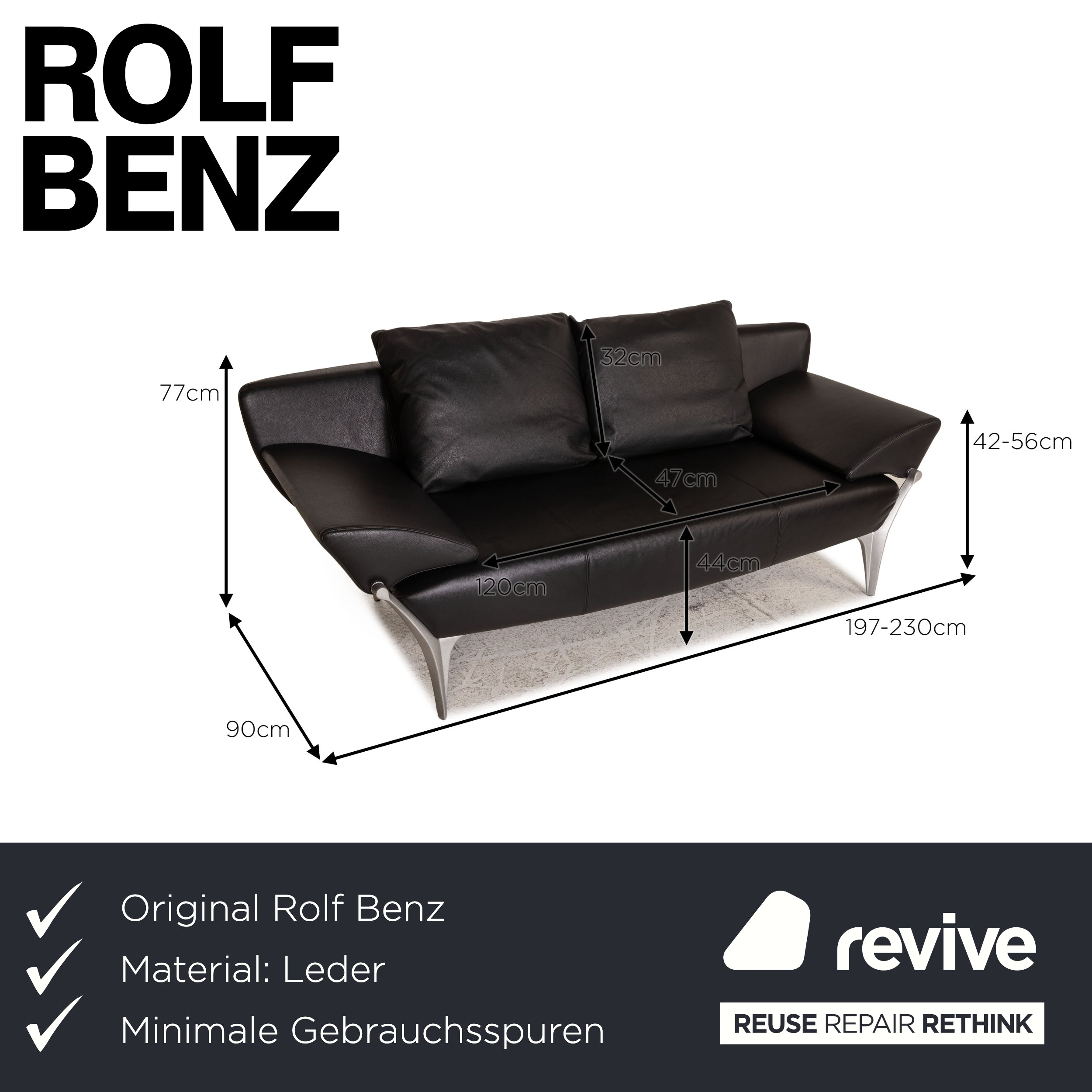 Rolf Benz 1600 Canapé en cuir noir Fonction canapé trois places