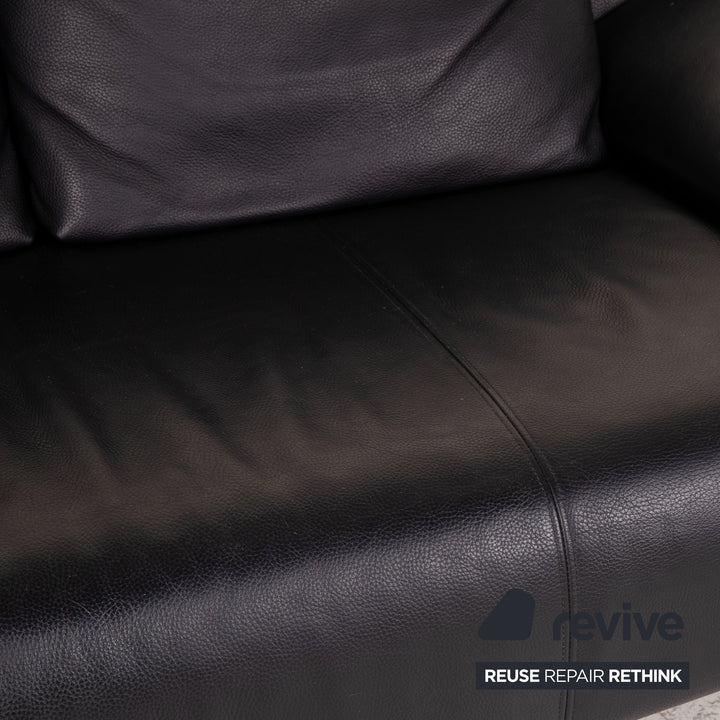 Divano Rolf Benz 1600 in pelle nero, divano a due posti con funzione