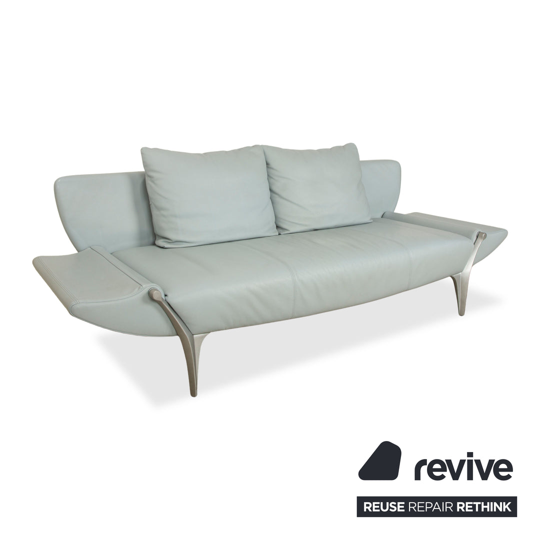 Rolf Benz 1600 Leather Two-Seater Ice Blue Blue Grey Aqua Manual Function Sofa Couch