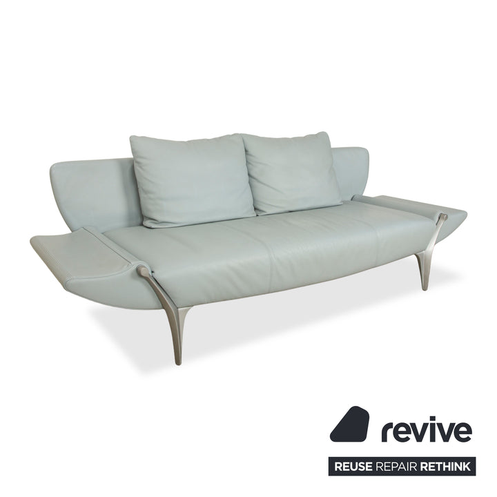 Rolf Benz 1600 Leather Two-Seater Ice Blue Blue Grey Aqua Manual Function Sofa Couch