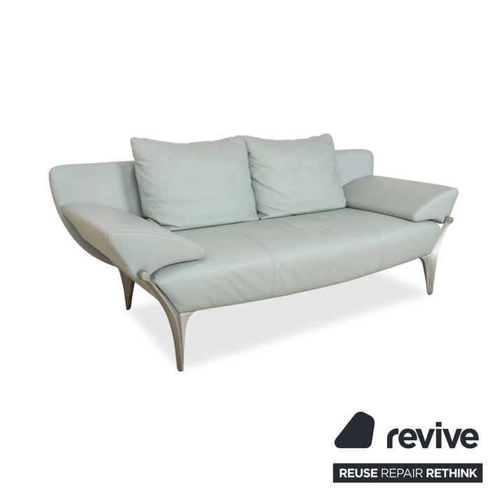 Rolf Benz 1600 Leather Two-Seater Ice Blue Blue Grey Aqua Manual Function Sofa Couch