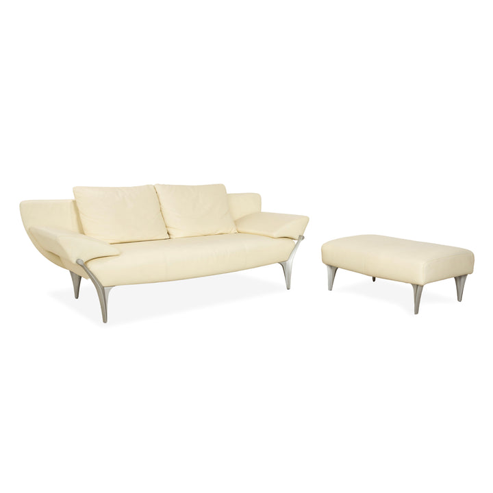Rolf Benz 1600 Leather Two-Seater + Stool Cream White Sofa Couch manual function