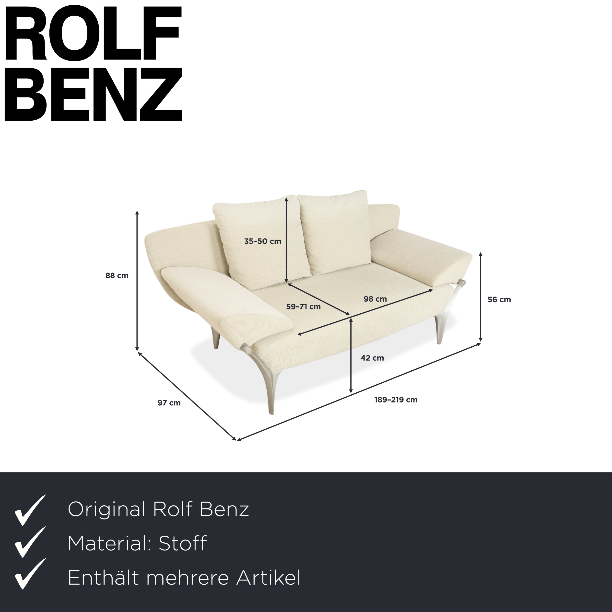 Rolf Benz 1600 Stoff 2x Zweisitzer Creme Mint manuelle Funktion Sofa Couch