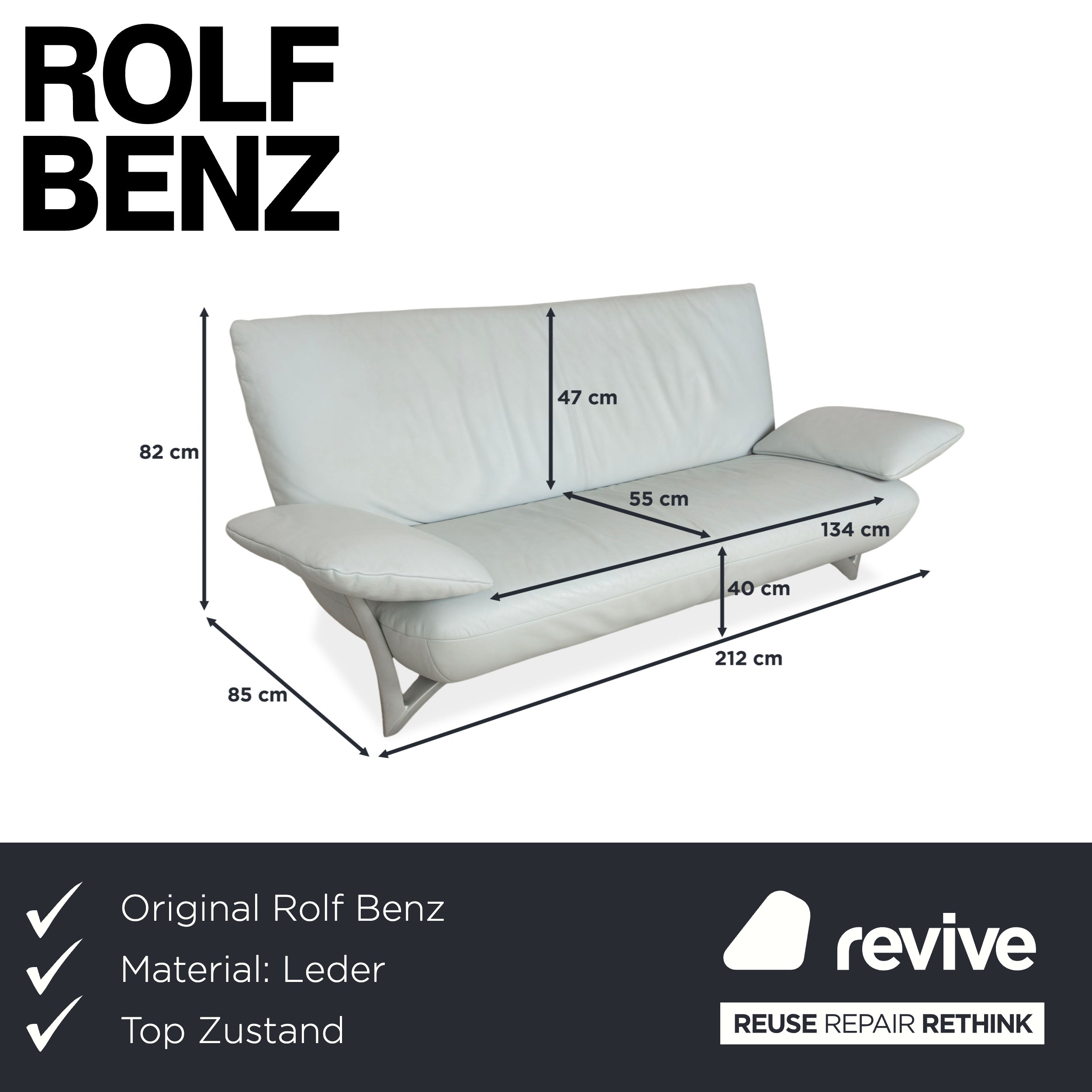 Rolf Benz 1900 Leder Dreisitzer Eisblau Grau Blaugrau Sofa Couch