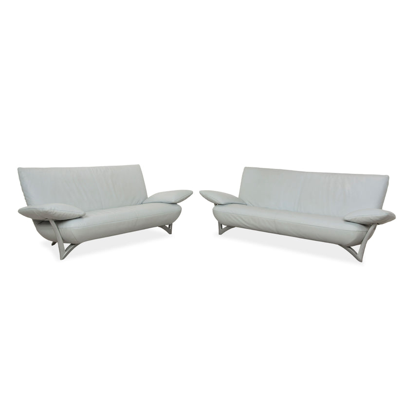 Canapé deux places + trois places en cuir Rolf Benz 1900 bleu glacier gris bleu-gris