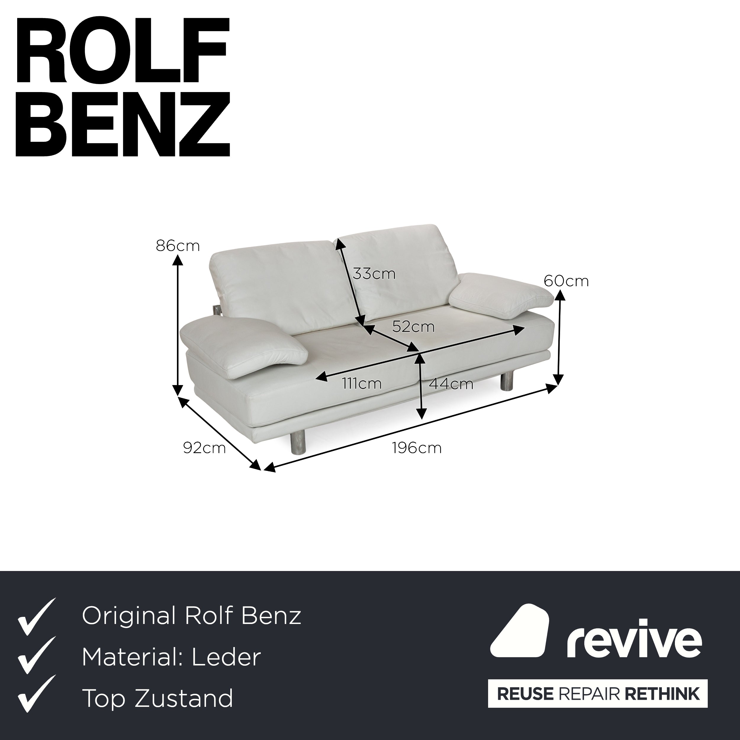 Rolf Benz 2400 Leather Two-Seater White Manual Function Sofa Couch