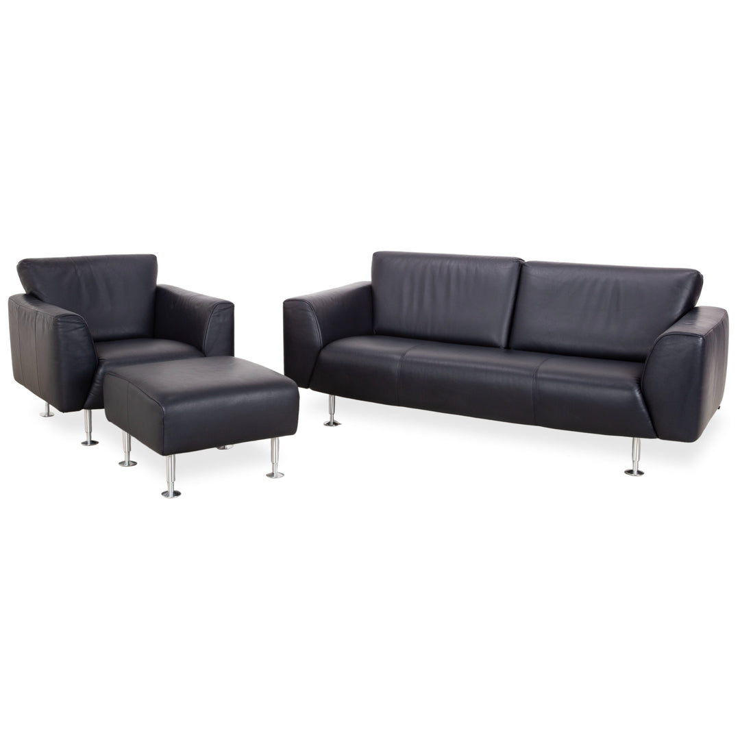Rolf Benz 250 Garnitur Leder Dreisitzer Sessel Hocker Blau Marine Sofa Couch