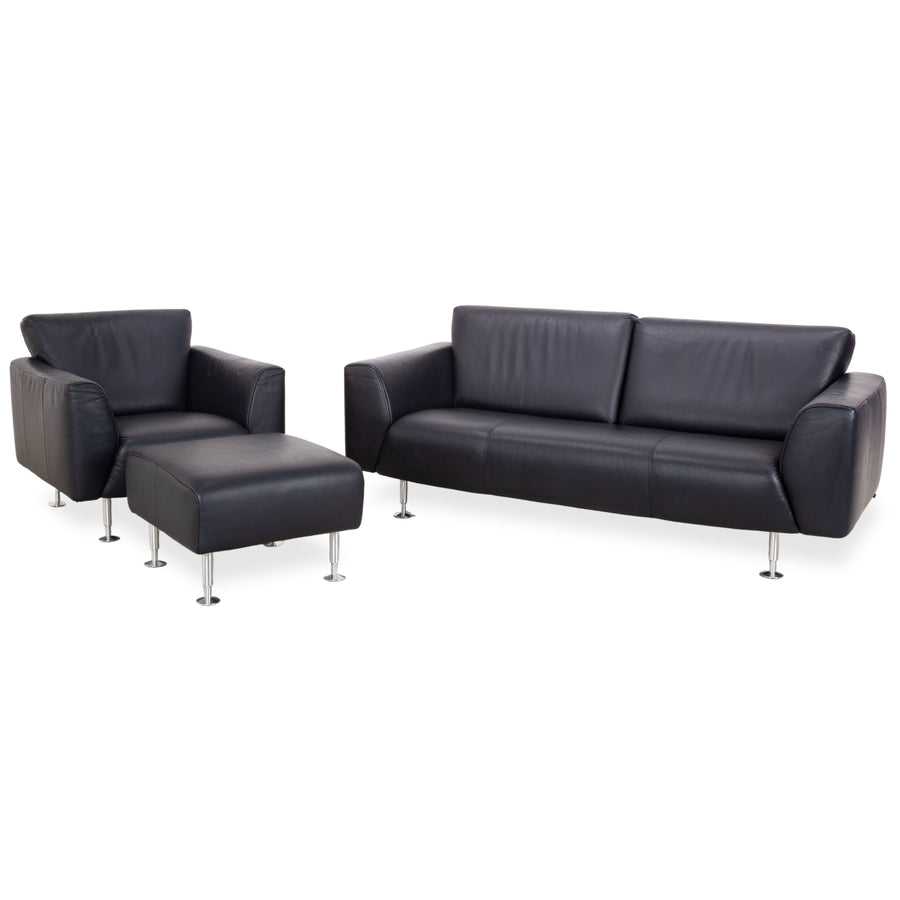 Rolf Benz 250 Garnitur Leder Dreisitzer Sessel Hocker Blau Marine Sofa Couch