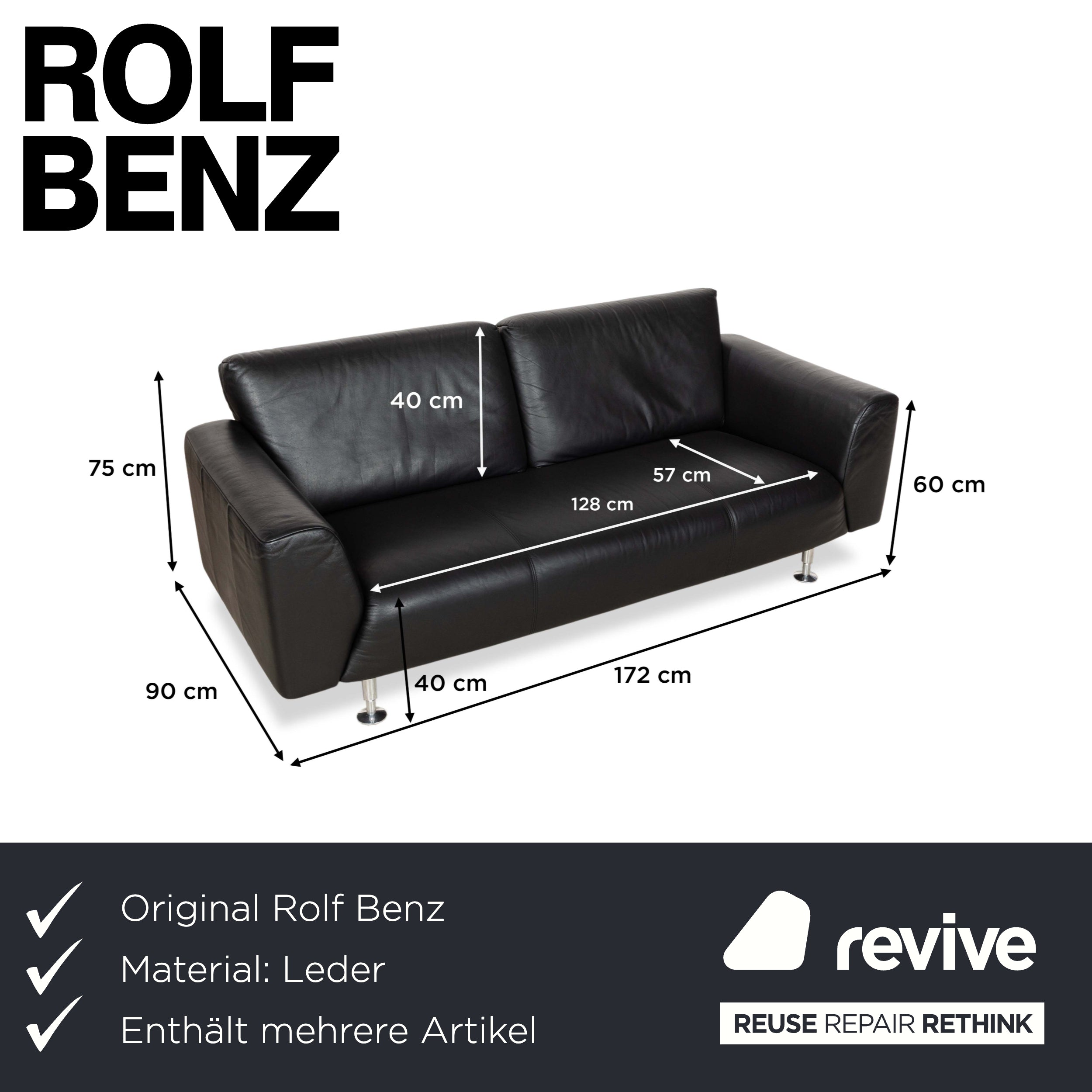 Rolf Benz 250 Leather 1x Two-Seater 1x Three-Seater 1x Armchair Black Sofa Couch