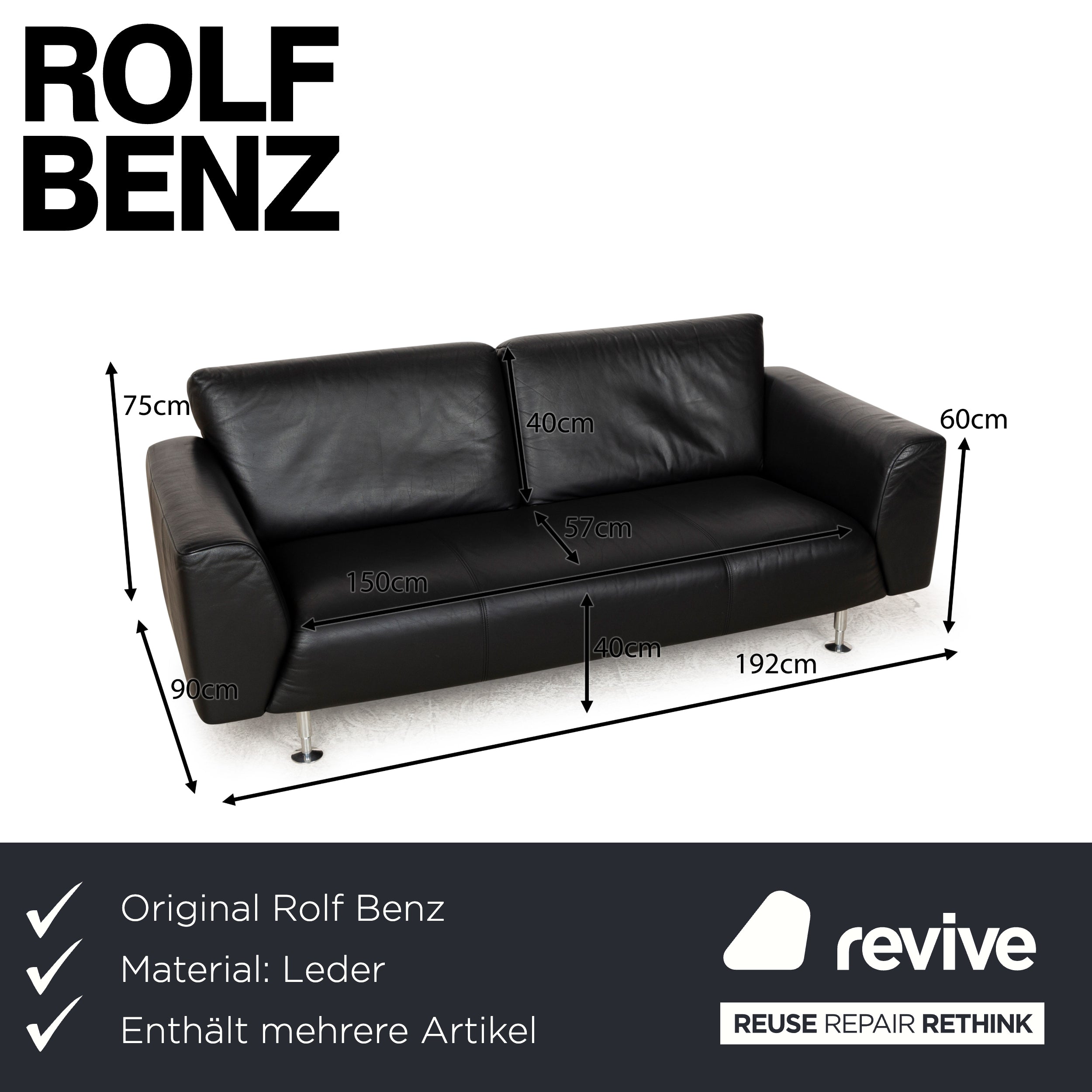 Canapé en cuir Rolf Benz 250 1x deux places 1x trois places 1x fauteuil noir