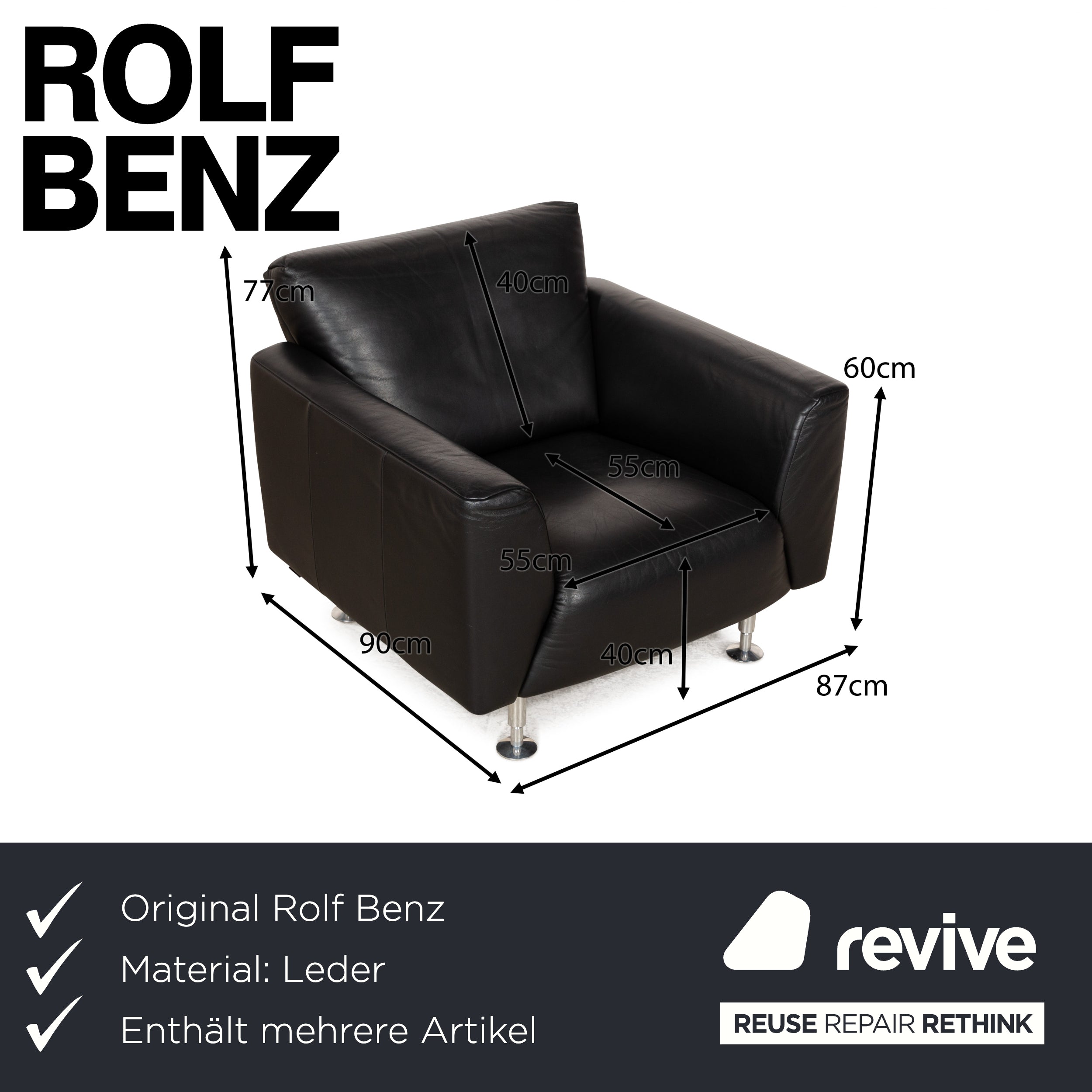 Rolf Benz 250 Leather 1x Two-Seater 1x Three-Seater 1x Armchair Black Sofa Couch